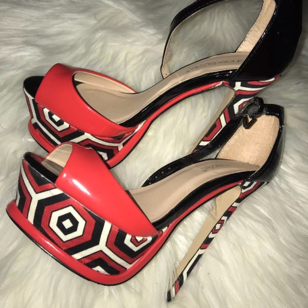 Red Black White open toe ankle strap heel Size 5.5